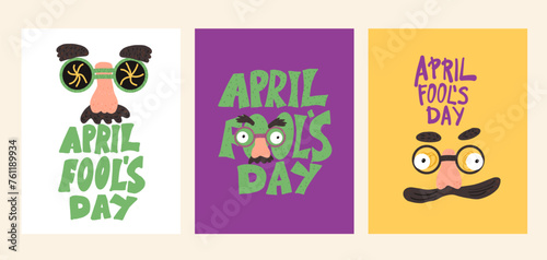 April fools day cards set. Holiday banners collection. Happy face vector hand drawn with handwritten text lettering flat illustration