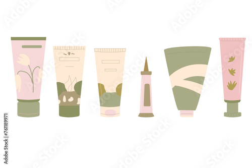 Hand, foot, lip and body cream set. Skincare cosmetics tubes isolated on white background. Beauty home procedure product. Body lotion for spa. Flat vector illustration