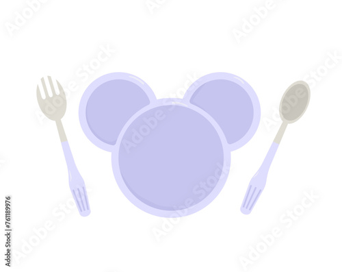 Kids tableware with animal. Childish cute bento box with cutlery. Empty silicone dish with spoon and fork. Vector flat illustration