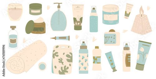 Beauty home spa procedure products set. Cleansing and moisturizing face skincare. Serum and cream for spa. Skin, body cosmetics bottles, containers and tubes. Flat vector illustration