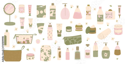 Cleansing and moisturizing face skincare set. Beauty products. Serum and cream for spa. Skin, body cosmetics bottles, containers and tubes. Flat vector illustration isolated on white background