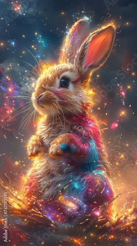 Colorful rabbit with a beaming smile, leaping through a galaxy ablaze, symbolizing hope and vibrancy.