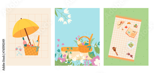 Picnic day in park banners template set. Spring and summer outing weekends rest elements background. Cookout summer food in air. Vector flat illustration