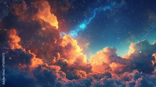 Otherworldly fantasy sky featuring fluffy  glowing clouds under stars  with colors of orange