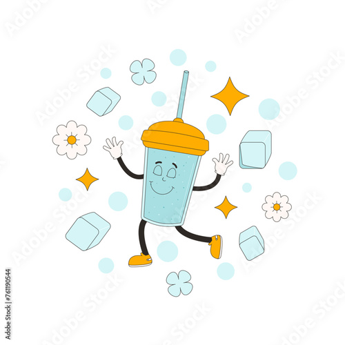 Glass of water retro cartoon mascot circle composition. Drink rubber hose animation style groovy characters round shape emblem. Healthy life and wellness vector flat illustration isolated