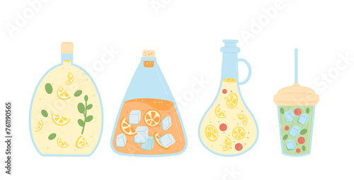 Homemade soft drink set isolated on white background. Juice, water and lemonade bottles, flask and glass. Fresh sour and sweet beverage with berries, ice and fruits and green tea. Vector illustration
