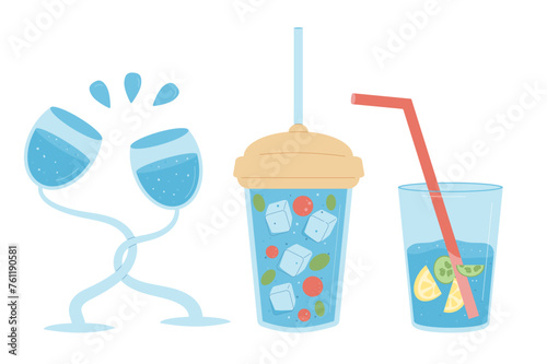 Water and soft drinks glasses set isolated on white background. Fresh summer beverages. Vector flat illustration