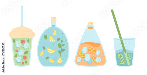 Homemade soft drink set isolated on white background. Juice, water and lemonade bottles and glasses. Fresh sour and sweet beverage with berries, ice and fruits. Vector flat illustration