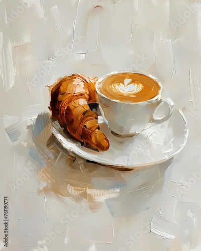 Simple Oil painting of croissant with coffee cup next to it, food painting , For wall art, digital art, home decor , background and wallpaper