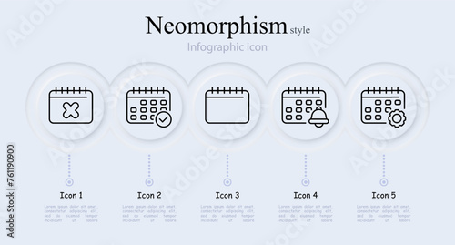 Calendar line icon set. Organizer, reminder, cross, diary, memorable date, day off, favorites, star, pencil. Neomorphism style. Vector line icon for Business