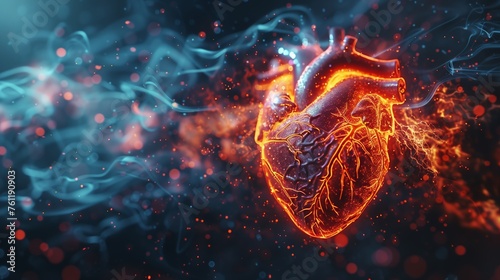 Realistic depiction of a beating heart with electrical impulses traveling through the cardiac conduction system, regulating heartbeat. Cardiology concept photo