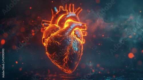 Realistic depiction of a beating heart with electrical impulses traveling through the cardiac conduction system, regulating heartbeat. Cardiology concept photo