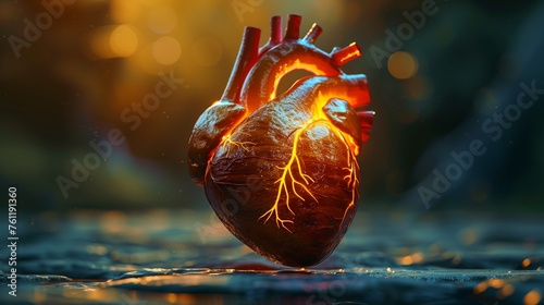 Realistic depiction of a beating heart with electrical impulses traveling through the cardiac conduction system, regulating heartbeat. Cardiology concept photo