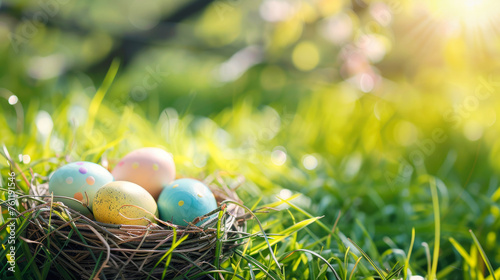 A little nest with colorful Easter eggs in the green grass, in a spring sunny day