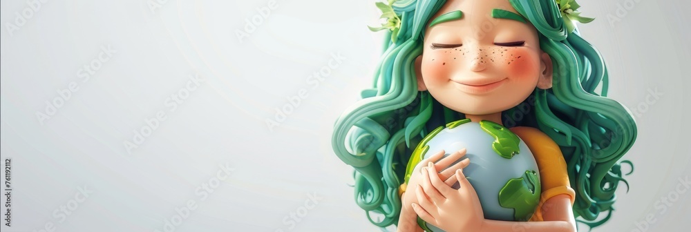 3D illustration of Cute Girl with Green Hair Hugging or Embracing Earth with Copysace, Earth Day, World Environment Day, Save World, Natural Conservation