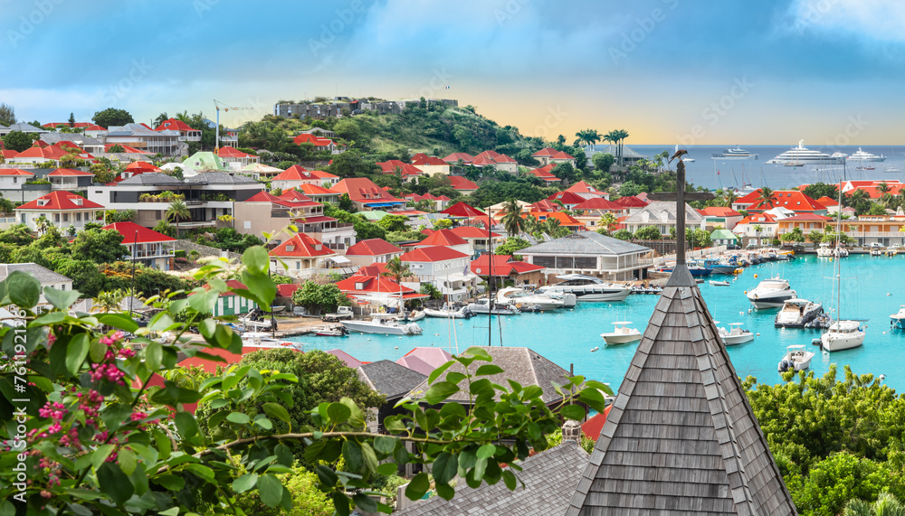 View of Gustavia harbor, Saint Barthelemy. Luxury, travel and vacation in the Caribbean. - obrazy, fototapety, plakaty 