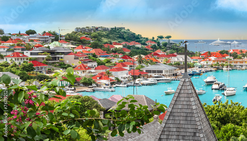 View of Gustavia harbor, Saint Barthelemy. Luxury, travel and vacation in the Caribbean.