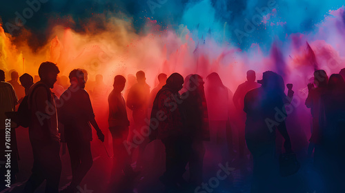 Dramatic silhouettes of people participating in the Holi festival