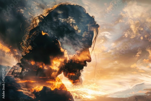 Silhouette of Jesus Christ and cloudy sky, double exposure with generative ai