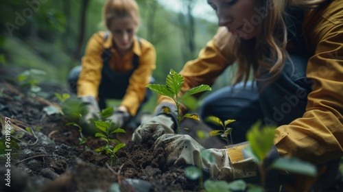 Volunteers plant trees together in a nature campaign #761192957