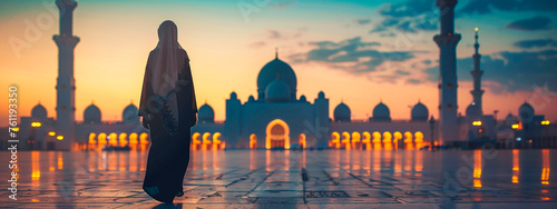 An Arab woman in a burqa looks at the mosque. Selective focus.