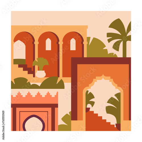 Morocco card. Moroccan architecture, ancient Berber buildings, Maroc arches, ...