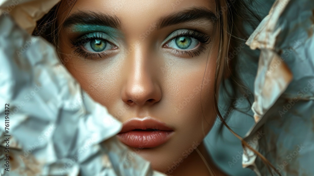 Young woman with beautiful bright green eyes with shining blue shadows, beige lipstick and expressive eyebrows, pitted look of colored paper, fashion, beauty, make-up, cosmetics, salon style - obrazy, fototapety, plakaty 