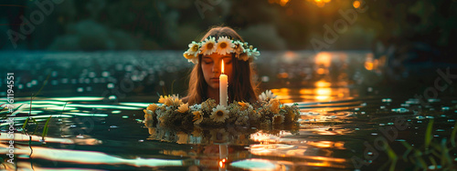 a young woman floats a wreath on Ivan Kupala. Selective focus. photo