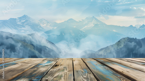 A wooden deck overlooking a mountain range with a clear blue sky. The view is serene and peaceful  with the sun shining brightly on the mountains. The wooden deck is a perfect spot to relax