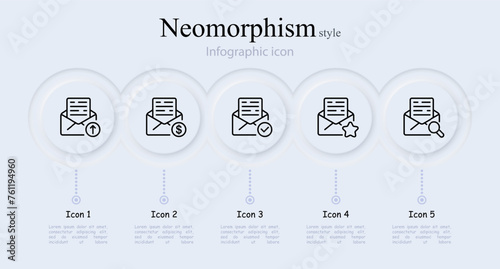 Mail line icon set. Information, checkmark, dollar, asterisk, favorites, correspondence, postman, gear, settings, minus, loading. Neomorphism style. Vector line icon for Business