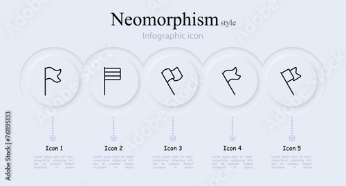 Flag icon set. Coat of arms, anthem, country, symbol, banner,flagpole, pole. Neomorphism style. Vector line icon for business and advertising
