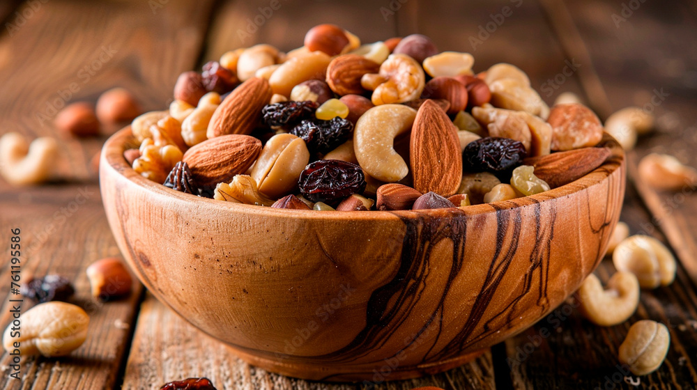 nuts and dried fruits in a bowl. Selective focus. - obrazy, fototapety, plakaty 