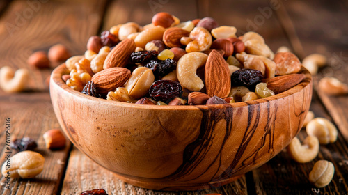 nuts and dried fruits in a bowl. Selective focus. photo