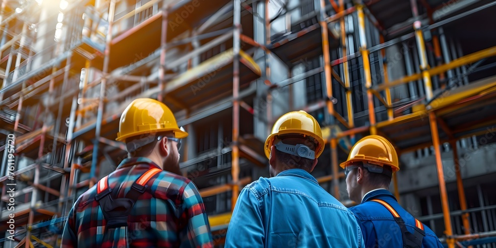 Construction workers setting up scaffolding together at the job site ...