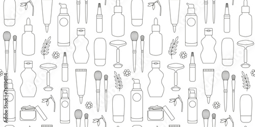 Outline skin care and makeup cosmetics seamless pattern. Serum, cleanser, moisturizer, toner, foundation, face roller, makeup brush. Beauty routine. Bottles, jars, tubes. Background, wrapping paper.