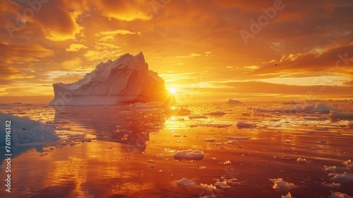 Vivid arctic sunset with scattered icebergs reflecting on calm water under orange cloudscape, Concept of climate change, natural beauty, and tranquility.