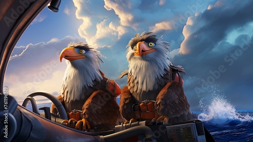 Animated Eagles Piloting a Boat in Stormy Sea photo