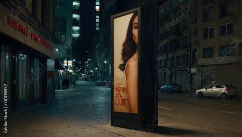 An image of a lone, empty vertical billboard standing on a nighttime urban sidewalk Generative AI