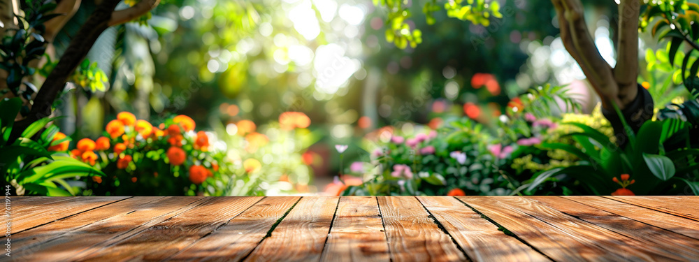 wooden table with copy space in the garden. Selective focus.