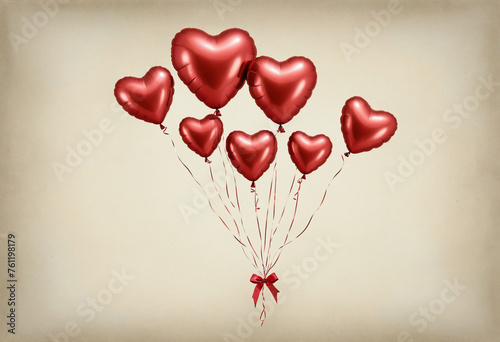 red foil heart balloons tied together vintage illustration isolated on a transparent background
