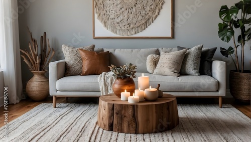 Contemporary boho chic living area with a minimalist touch, including a pale gray sofa, decorative throw pillows, a wooden centerpiece table with candles Generative AI © Haroon