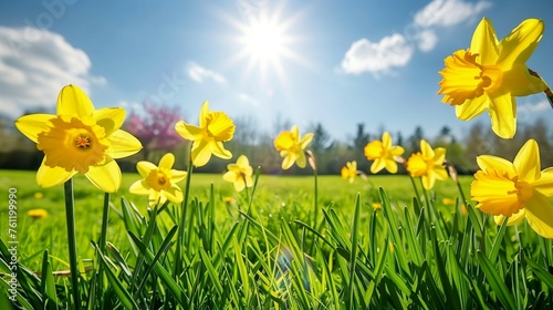 A sunny spring day with daffodils blooming in the grass, symbolizing hope and renewal.