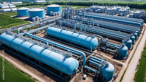 Aerial view of oil refinery plant with blue tanks and pipes.
