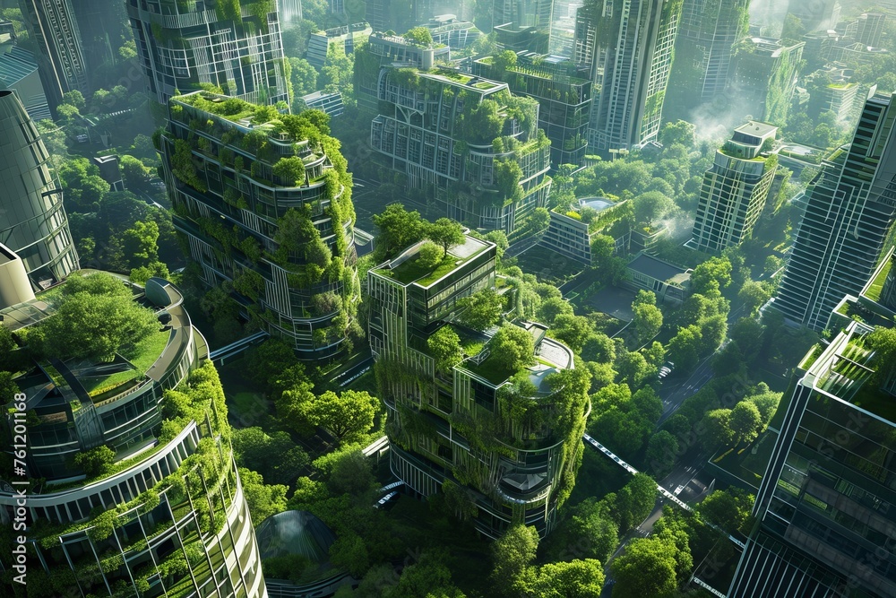 EcoMetropolis: Aerial View of a Sustainable Green City - obrazy, fototapety, plakaty 