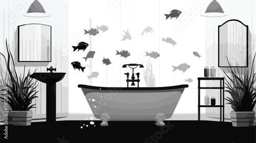 Black and white bathroom with fish on the walls