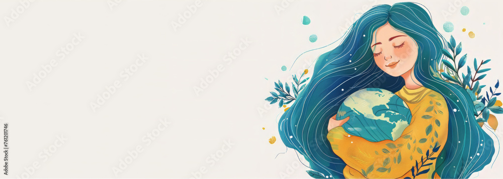 Cute Girl Hugging or Embracing Earth with Copysace, Earth Day Illustration, Environment Day, Save World Cute Girl Hugging or Embracing Earth with Copysace, Earth Day Illustration, Environment Day, Save World