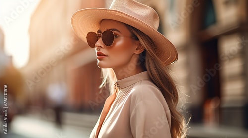 portrait of young woman wearing sunglasses and bowler hat on blur background photo