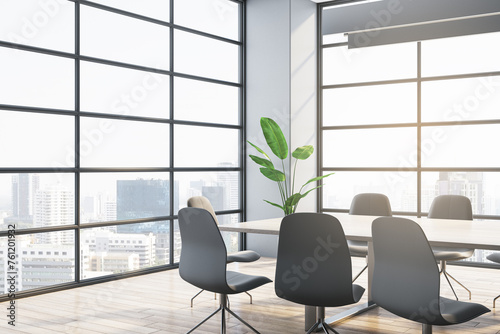 Contemporary conference room interior with wooden flooring, window and city view. 3D Rendering.