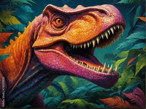 This vibrantly colored digital painting presents a detailed T-Rex in its natural, lush jungle habitat © ArtistiKa