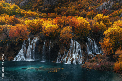 A panoramic view a national park  showing the colorful autumn foliage and waterfalls cascading into turquoise waters